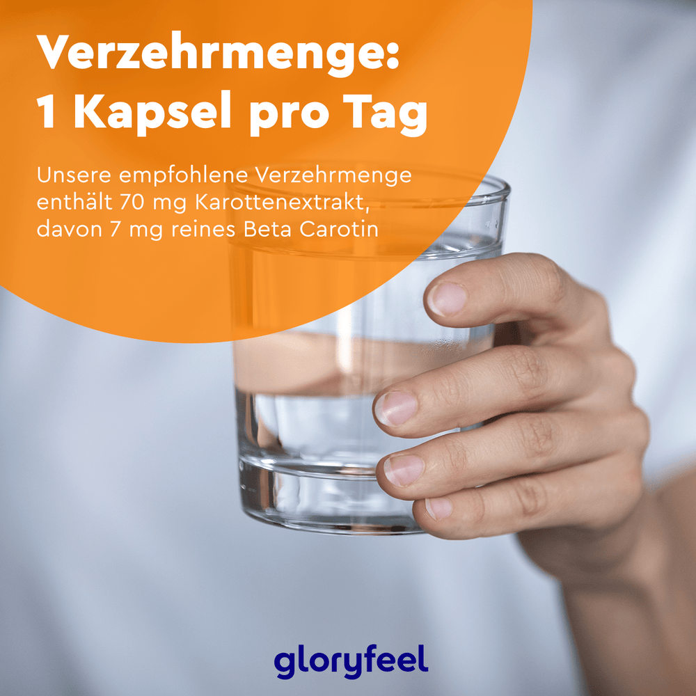 Eine Person hält ein Glas Wasser mit dem Text, der täglich für „Beta-Carotin-Kapseln“ mit Karottenextrakt und Beta-Carotin wirbt. Unten steht „gloryfeel GmbH“.