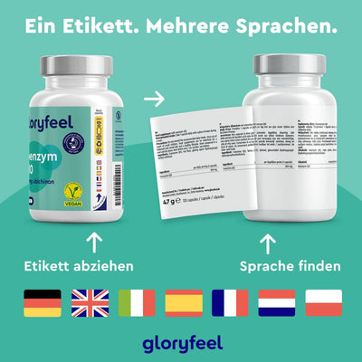 Eine Tablettenflasche mit der Aufschrift „Coenzym Q10 Kapseln“ der gloryfeel GmbH enthält Übersetzungsanweisungen. Darunter sind Flaggen für Deutschland, Großbritannien, Frankreich, Italien, Spanien, die Niederlande und Polen abgebildet.