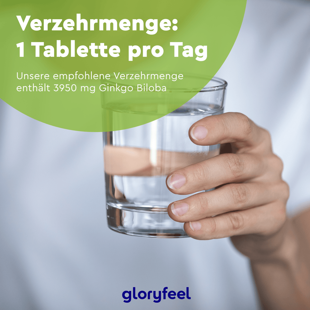 Eine Person hält ein Glas Wasser in der Hand. Auf dem Text wird eine tägliche Dosis von einer Tablette mit 3950 mg Ginkgo-Extrakt empfohlen. Die Marke ist „Ginkgo biloba Tabletten“ der gloryfeel GmbH.