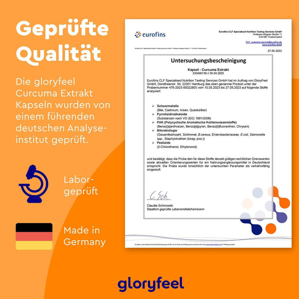 Bild eines Eurofins-Laborzertifikats für die Curcuma Extrakt Kapseln der gloryfeel GmbH. Mit deutschem Text, einem Laborflaschensymbol und dem Etikett „Made in Germany“ auf orange-weißem Designhintergrund.