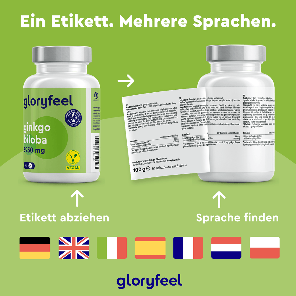 Zwei Nahrungsergänzungsmittelflaschen mit mehrsprachigen Etiketten. Links steht „Ginkgo biloba Tabletten“ der gloryfeel GmbH, rechts ein ausführlicher Text. Flaggen repräsentieren verschiedene Sprachen. Bildunterschrift: „Ein Etikett. Mehrere Sprachen“ unterstreicht die weltweite Beliebtheit von Ginkgo-Extrakt.