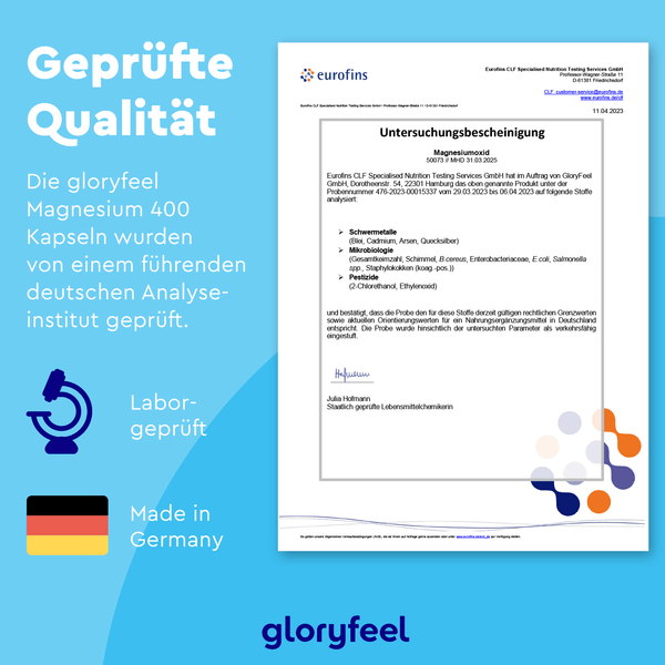 Verifizierungsdokument für Magnesiumoxid-Kapseln der Gloryfeel GmbH mit im Labor getesteten und in Deutschland hergestellten Symbolen, dem Text „Geprüfte Qualität“ und dem Gloryfeel-Logo.