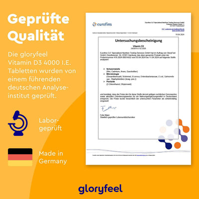 Ein Dokument zeigt einen Prüfbericht für die von Eurofins geprüften Vitamin D3 Tabletten 4000 I.E. der gloryfeel GmbH mit der Aufschrift „Geprüfte Qualität“ auf gelbem Hintergrund mit der Deutschlandflagge und dem Text „Made in Germany“.