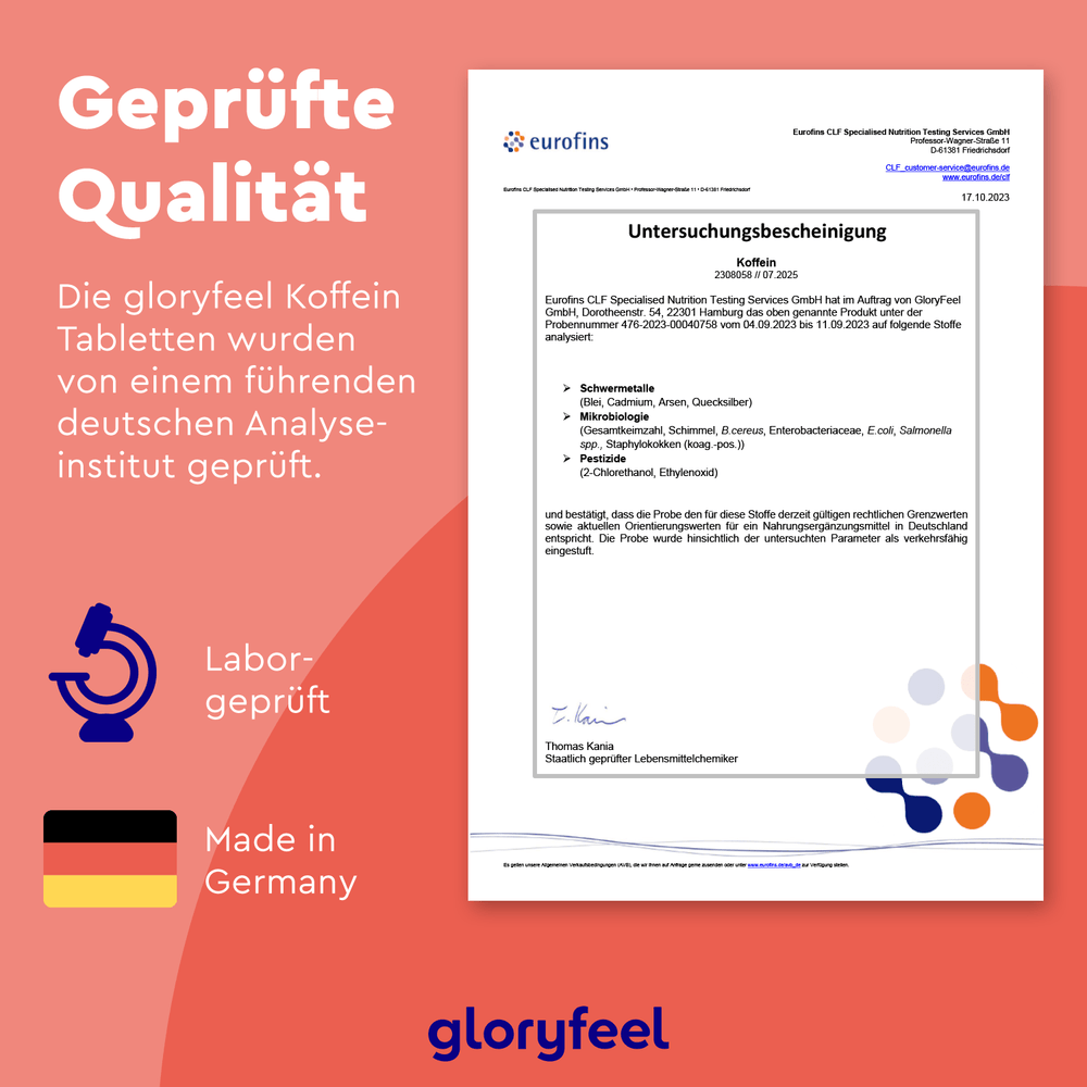 Das Eurofins-Zertifikat bestätigt die Laborprüfung der Koffeintabletten der gloryfeel GmbH. Die Symbole stehen für „Laborgeprüft“ und „Made in Germany“ mit deutschem Text auf rot-weißem Hintergrund.