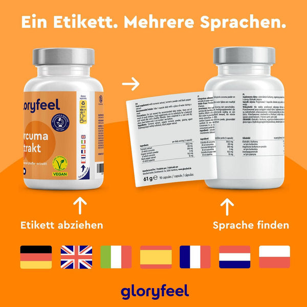 Zwei Flaschen mit Curcuma-Extrakt-Kapseln der gloryfeel GmbH sind mit mehrsprachigen Etiketten versehen, die beim Öffnen und Finden der Sprachen helfen. Darunter sind die Flaggen von Deutschland, Großbritannien, Frankreich, Italien, Spanien, Polen und den Niederlanden abgebildet.