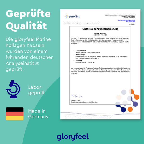 Das Zertifikatsbild für Marine Kollagen Kapseln der Gloryfeel GmbH zeigt „Geprüfte Qualität“, „Labor-geprüft“ und „Made in Germany“ auf blauem und grünem Hintergrund, getestet von Eurofins.