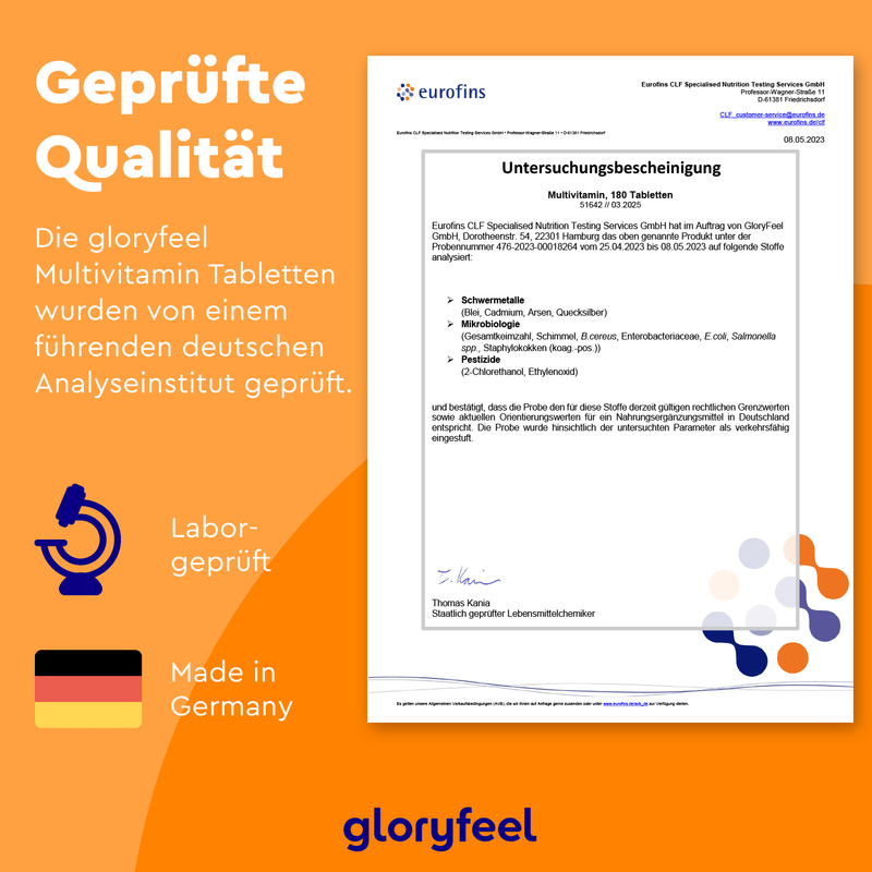 Ein orangefarbener Hintergrund hebt ein Analysezertifikat für die veganen Multivitamintabletten von Eurofins der gloryfeel GmbH hervor und unterstreicht Qualität und deutsche Herkunft. Symbole eines Mikroskops und der deutschen Flagge unterstreichen die natürlichen Vitamine, die perfekt für eine vegane Ernährung sind.