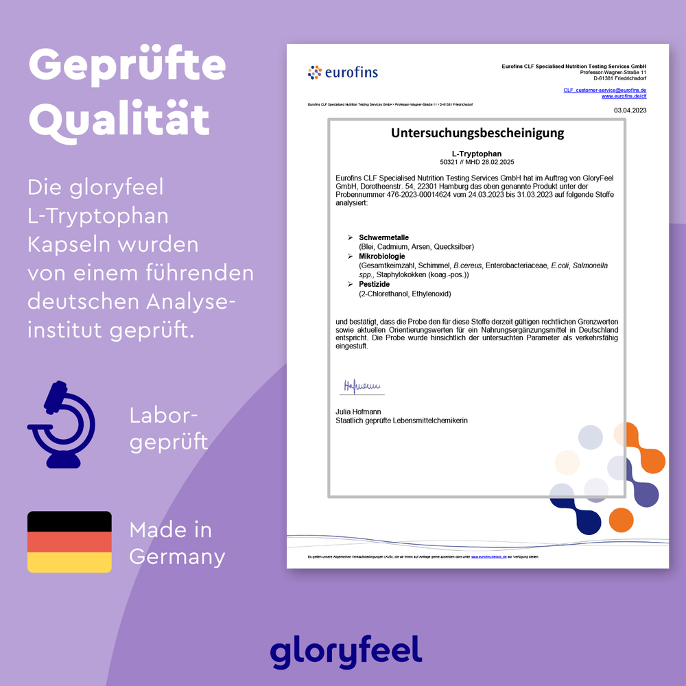 Ein Analysezertifikat für L-Tryptophan Kapseln der gloryfeel GmbH enthält laborgeprüfte Informationen, ein Laborsymbol und deutschen Text auf violettem Hintergrund. Hergestellt in Deutschland.