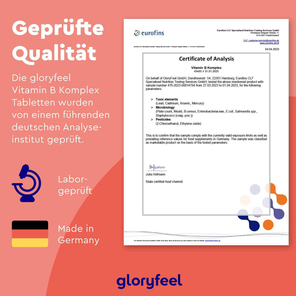 Das Analysezertifikat für Vitamin B Komplex der gloryfeel GmbH listet Schadstoffe auf, ist mit den Gütesiegeln „Laborgeprüft“ und „Made in Germany“ versehen und unterstützt das Wohlbefinden, was es für einen gesunden Stoffwechsel unentbehrlich macht.