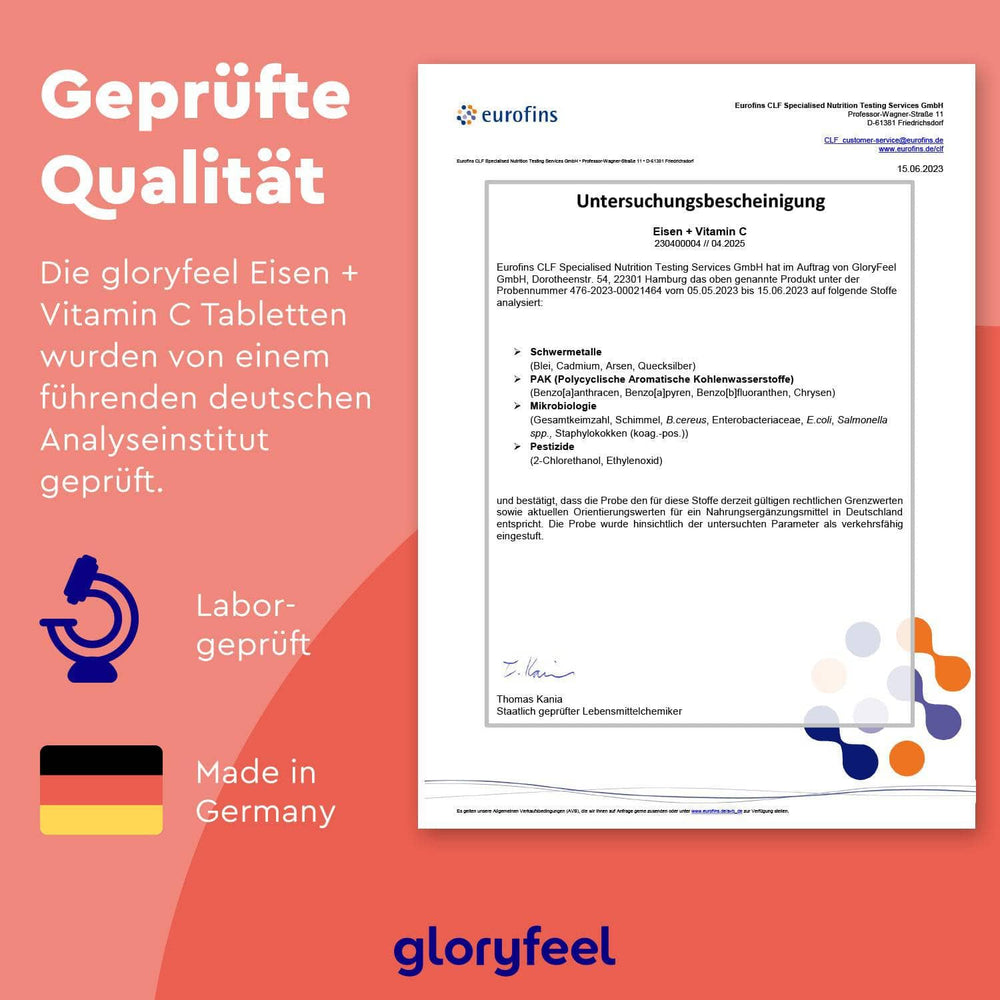 Das Analysezertifikat von Eurofins für die Eisen + Vitamin C Tabletten der Gloryfeel GmbH weist die Etiketten „Laborgeprüft“ und „Made in Germany“ auf orange-weißem Hintergrund auf, mit dem Gloryfeel-Logo am unteren Rand.