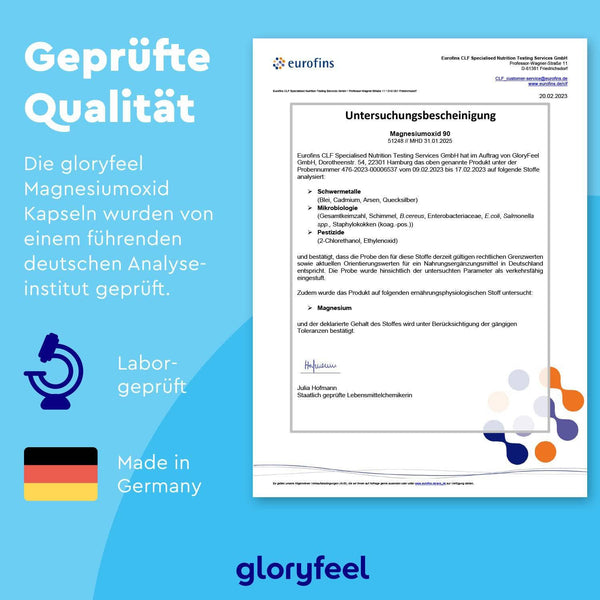 Das Zertifikatsdokument in deutscher Sprache für Magnesiumoxid 90 Kapseln enthält eine Laborflasche und Made-in-Germany-Symbole mit dem Titel „Geprüfte Qualität“ der Marke Gloryfeel GmbH.