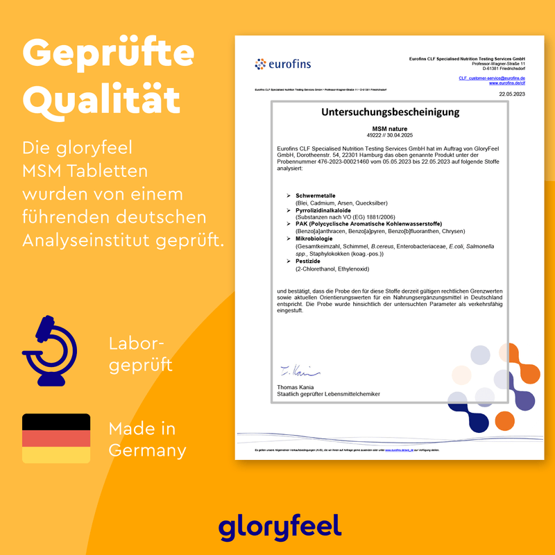 Die Eurofins-Zertifizierung für MSM + Vitamin C Tabletten der gloryfeel GmbH steht für „Gebraufte Qualität“ mit laborgeprüfter Integrität und deutscher Herstellung. Die Tabletten enthalten Methylsulfonylmethan und sind durch das vertrauenswürdige Gloryfeel-Logo am unteren Rand gekennzeichnet.