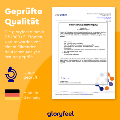 Analysezertifikat für Vitamin D3 Tropfen 1000 I.E. der gloryfeel GmbH mit Laborsymbolen und der deutschen Flagge, das auf die Labortests und die Herstellung in Deutschland hinweist.