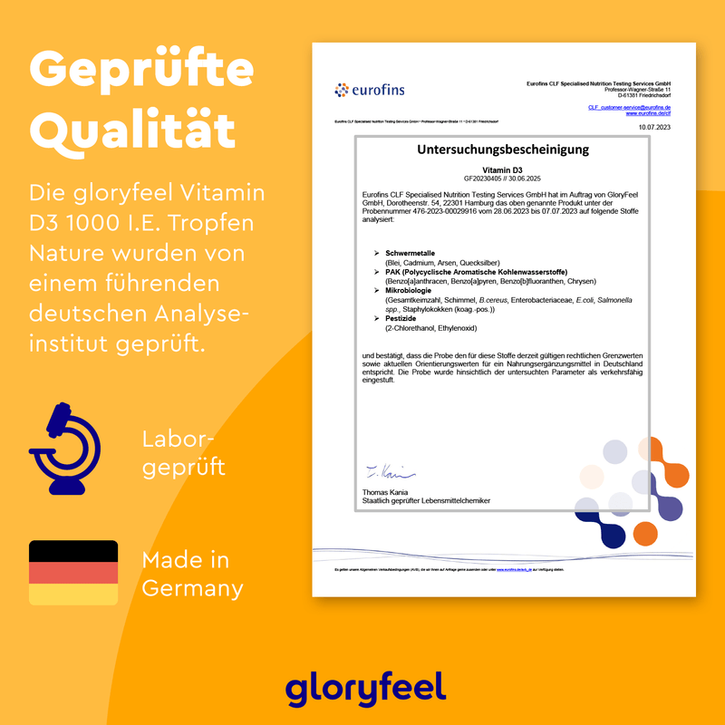 Analysezertifikat für Vitamin D3 Tropfen 1000 I.E. der gloryfeel GmbH mit Laborsymbolen und der deutschen Flagge, das auf die Labortests und die Herstellung in Deutschland hinweist.