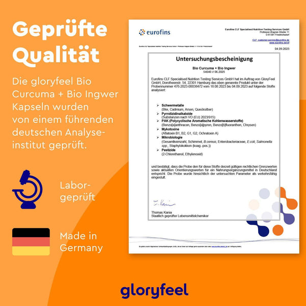 Analysenzertifikat für Bio Curcuma + Bio Ingwer Kapseln der gloryfeel GmbH mit den Symbolen für laborgeprüfte Qualität und Made in Germany auf orangem Hintergrund.
