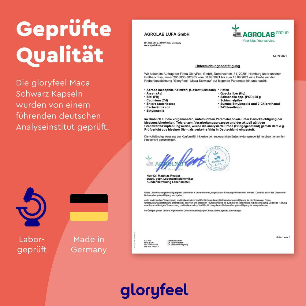 Das Zertifikat der AGROLAB LUFA GmbH analysiert die Schwarzen Maca Kapseln der gloryfeel GmbH und gibt Auskunft über den Vitamin-B6-Gehalt. Es enthält Logos und die deutsche Flagge mit der Aufschrift „Geprüfte Qualität“ auf rot-weißem Hintergrund.