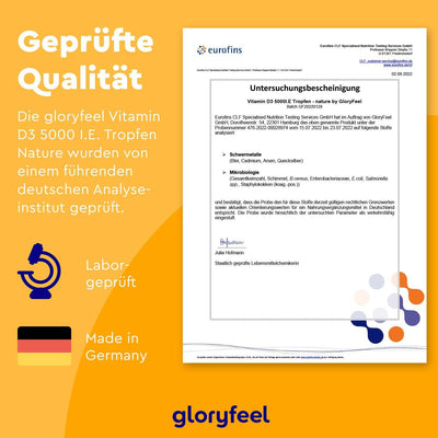 Analysezertifikat für Vitamin D3 Tropfen 5000 I.E. von gloryfeel GmbH, geprüft durch Eurofins CLF, im orange-gelben Design mit Symbolen für „Laborgeprüft“ und „Hergestellt in Deutschland“.