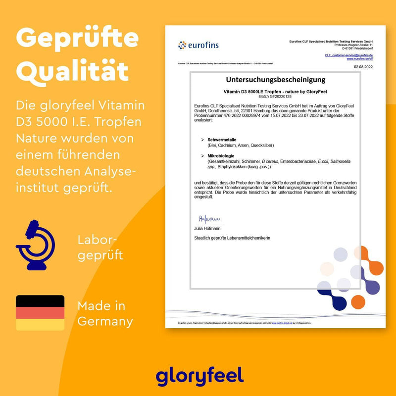 Analysezertifikat für Vitamin D3 Tropfen 5000 I.E. von gloryfeel GmbH, geprüft durch Eurofins CLF, im orange-gelben Design mit Symbolen für „Laborgeprüft“ und „Hergestellt in Deutschland“.
