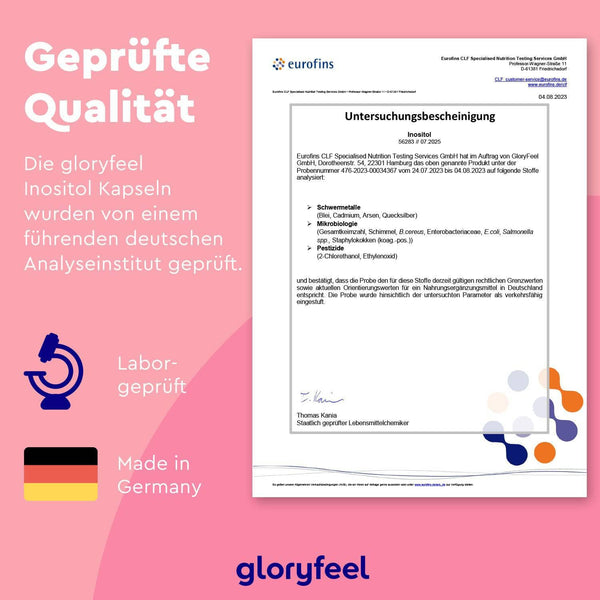 Dokument mit einem Laborprüfzertifikat von Eurofins für die Inositol-Kapseln der gloryfeel GmbH, aus dem hervorgeht, dass sie im Labor geprüft und in Deutschland hergestellt wurden.