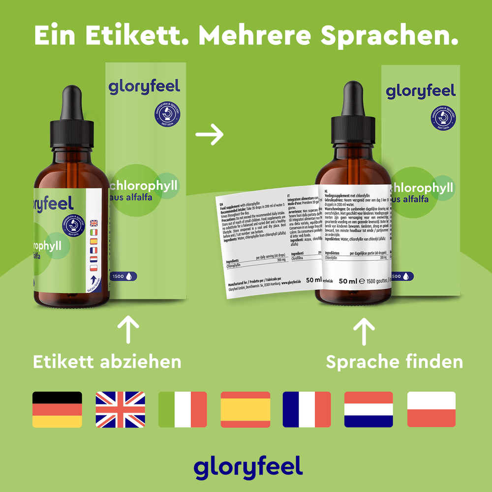 Die Verpackung der Gloryfeel GmbH für die natürlich gewonnenen Chlorophyll-Tropfen besteht aus Flaschen und Schachteln mit mehrsprachigen Etiketten, die die Reinheit des Chlorophylls aus der Alfalfa-Pflanze hervorheben.