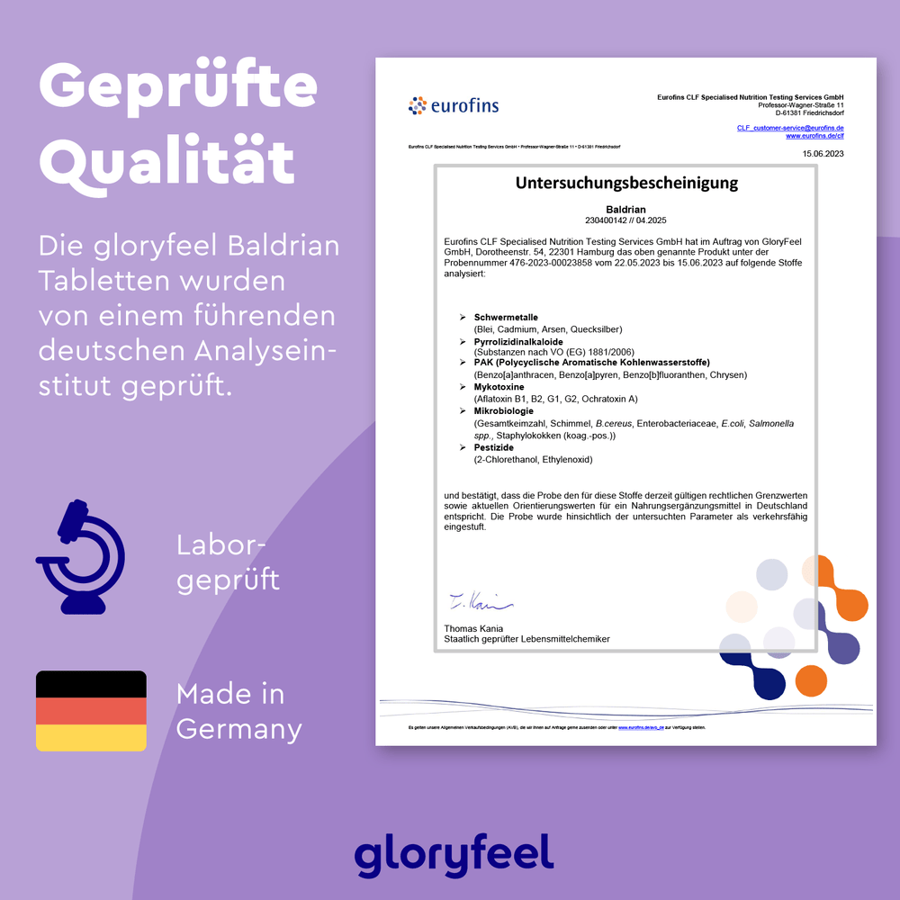 Zertifikatsdokument für Baldrian-Tabletten der gloryfeel GmbH mit den Symbolen für Laborprüfung und Made in Germany auf violettem Hintergrund.