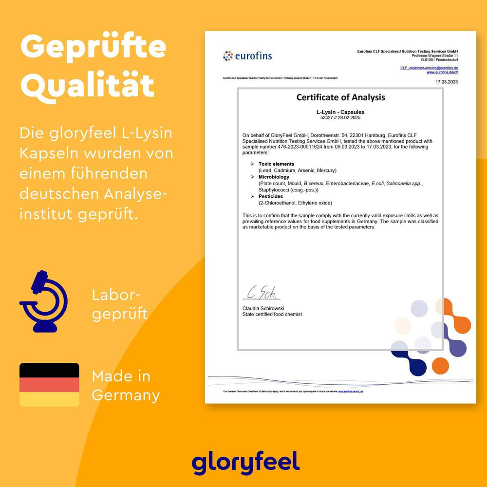 Analysezertifikat für L-Lysin + Zink Kapseln von Eurofins. Mit Labortest-Symbol, deutschem Qualitätstext und „Made in Germany“-Siegel. Marke: gloryfeel GmbH.