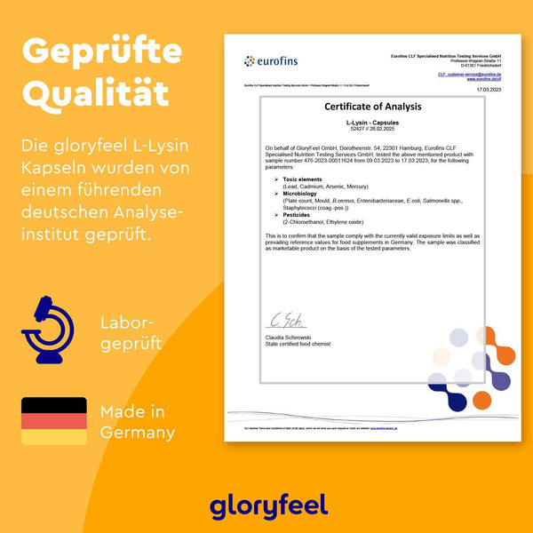 Analysezertifikat für L-Lysin + Zink Kapseln von Eurofins. Mit Labortest-Symbol, deutschem Qualitätstext und „Made in Germany“-Siegel. Marke: gloryfeel GmbH.