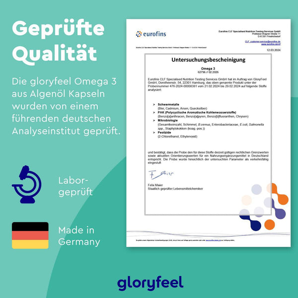Analysezertifikat für vegane Omega-3-Kapseln der gloryfeel GmbH mit Symbolen für „Laborgeprüft und in Deutschland hergestellt“. Dieses vegane Omega-3-Nahrungsergänzungsmittel gewährleistet die Qualitätsprüfung mit EPA und DHA aus Algenöl-Kapseln.