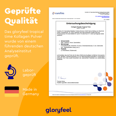 Rechts finden Sie das Analysezertifikat für das Kollagen Pulver Tropical Time der gloryfeel GmbH. Links wird die deutsche Laborprüfung und Qualitätssicherung hervorgehoben, mit einer auffälligen deutschen Flagge und dem GloryFeel-Logo.