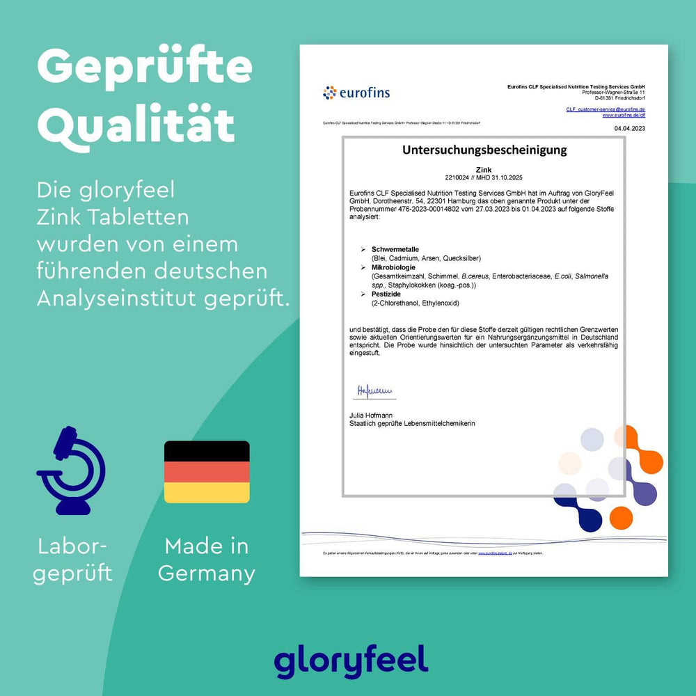 Das Zertifikatsdokument für Zinktabletten der gloryfeel GmbH ist auf einem gemusterten Hintergrund abgesetzt und enthält einen Text, der auf Labortests hinweist, sowie ein „Made in Germany“-Etikett.