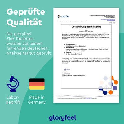 Das Zertifikatsdokument für Zinktabletten der gloryfeel GmbH ist auf einem gemusterten Hintergrund abgesetzt und enthält einen Text, der auf Labortests hinweist, sowie ein „Made in Germany“-Etikett.