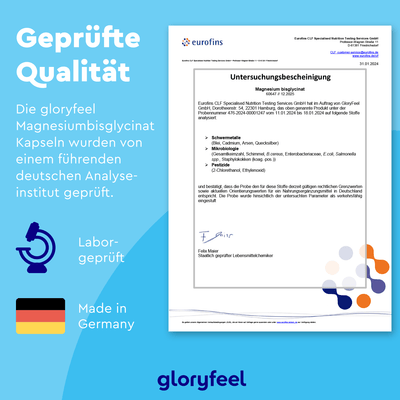 Zertifikatsdokument auf blauem Hintergrund mit der Aufschrift „Geprüfte Qualität“ und Symbolen, die zeigen, dass Magnesiumbisglycinat-Kapseln von gloryfeel GmbH im Labor geprüft und in Deutschland hergestellt wurden.