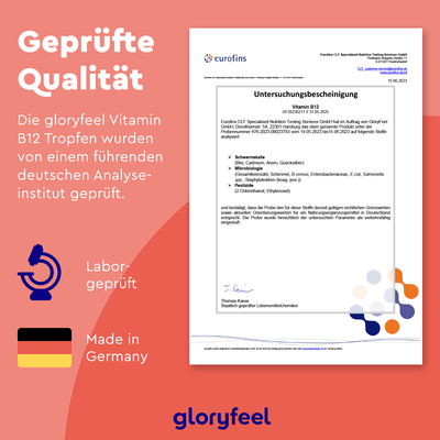 Die Vitamin-B12-Tropfen der gloryfeel GmbH verfügen über ein Eurofins-Zertifikat, das laborgeprüfte Premium-Qualität und deutsche Herkunft bestätigt. Methylcobalamin ist der Hauptbestandteil dieses Nahrungsergänzungsmittels. Symbole kennzeichnen Laborprüfung und Herstellung in Deutschland.