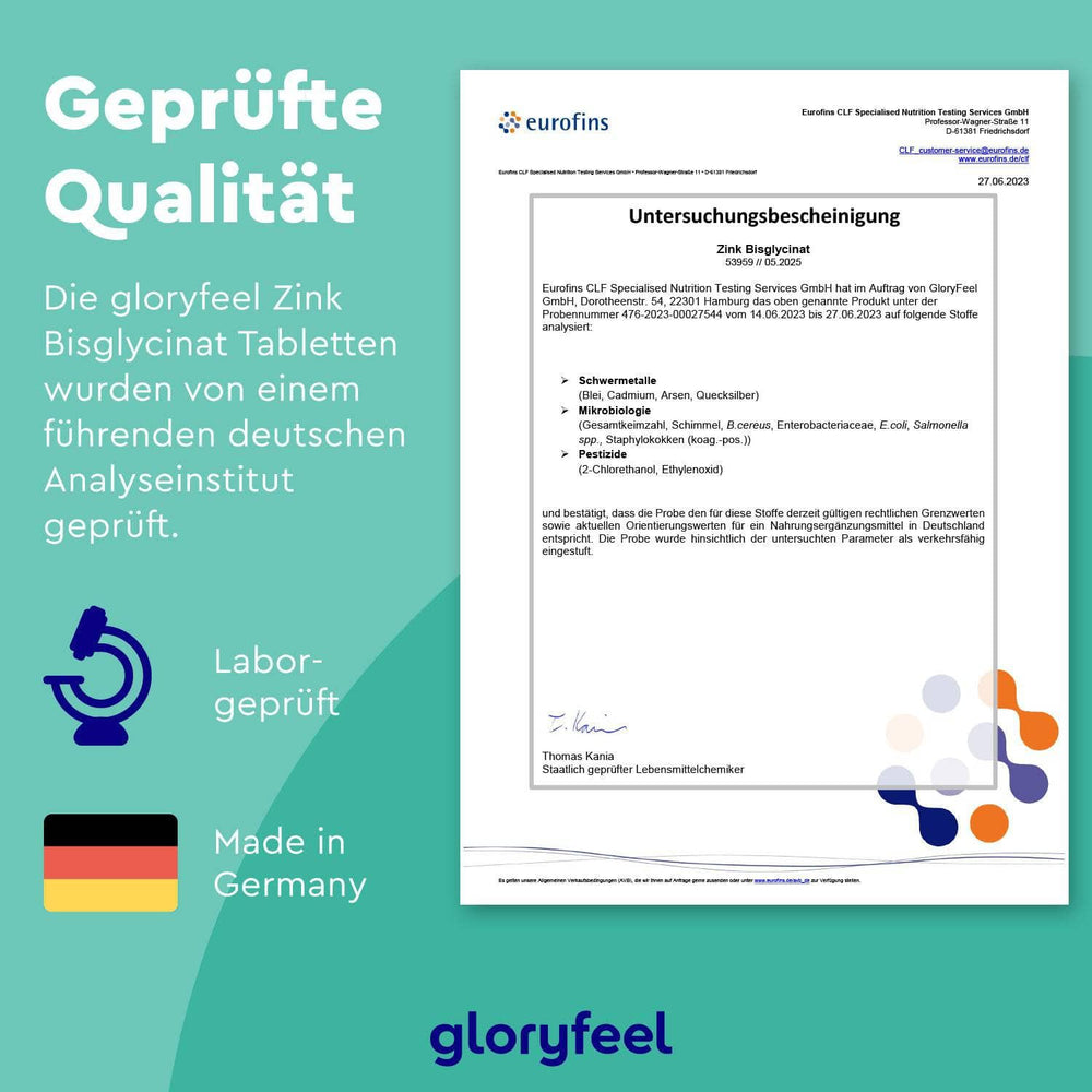 Das Zertifikatsdokument für die Zinkbisglycinat-Tabletten der gloryfeel GmbH weist farbenfrohe Designelemente auf. Der deutsche Text lautet „Geprüfte Qualität“, „Laborgeprüft“ und „Made in Germany“ neben einem Mikroskop und Symbolen der deutschen Flagge und unterstreicht so die Qualität des Produkts als vertrauenswürdiges Nahrungsergänzungsmittel.