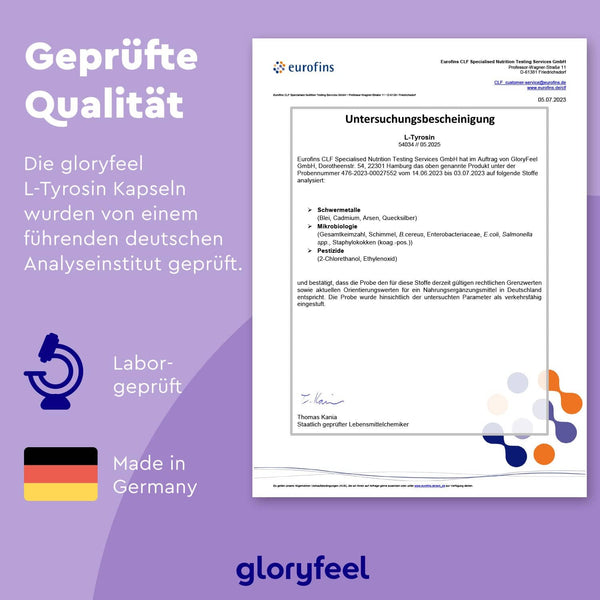 Ein lila unterlegtes Zertifikat von Eurofins zeigt, dass gloryfeel GmbH L-Tyrosin Kapseln getestet und in Deutschland hergestellt wurden.
