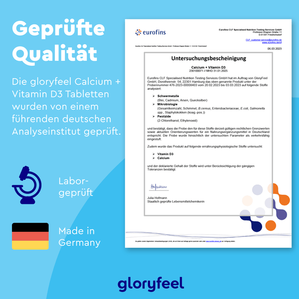 Das Dokument „Untersuchungsbescheinigung“ enthält einen deutschen Text mit der Betonung „geprüfte Qualität“ sowie Symbole mit der Aufschrift „Labor-geprüft“ und „Made in Germany“. Unten steht der Markenname der Gloryfeel GmbH.