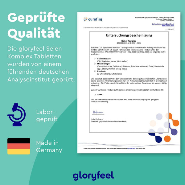 Ein Zertifikatsdokument von Eurofins für Selen Tabletten der gloryfeel GmbH enthält Text und Symbole, die „Laborgeprüft“ und „Made in Germany“ hervorheben.
