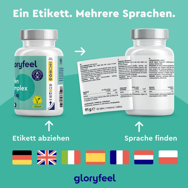 Zwei Flaschen mit mehrsprachigen Etiketten mit Flaggen. Der deutsche Text weist darauf hin, das Etikett abzuziehen, um die Sprachauswahl zu ändern. Das vorgestellte Produkt sind Selen Tabletten der gloryfeel GmbH.