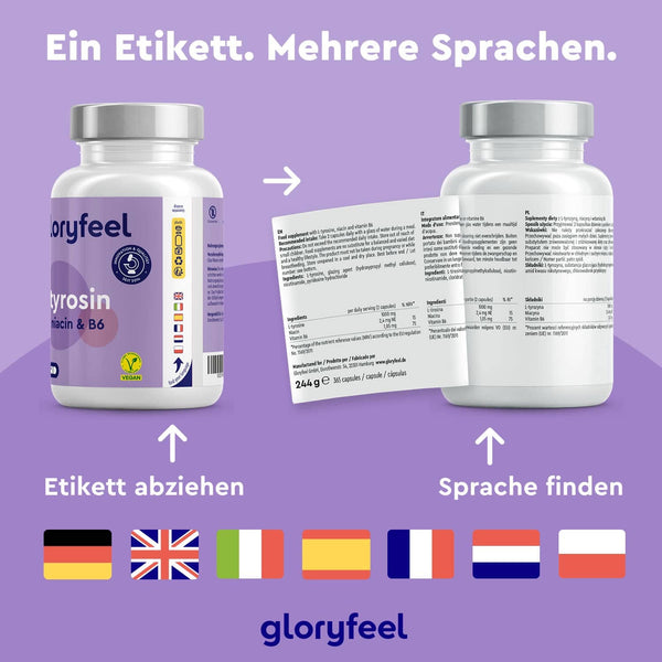 Zwei L-Tyrosin Kapseln der gloryfeel GmbH: eine mit deutschem Etikett, die andere mit mehrsprachiger Beschriftung unter einer Peel-off-Schicht. Flaggen zeigen die verfügbaren Übersetzungen an und der Text lädt dazu ein, die bevorzugte Sprache zu finden.