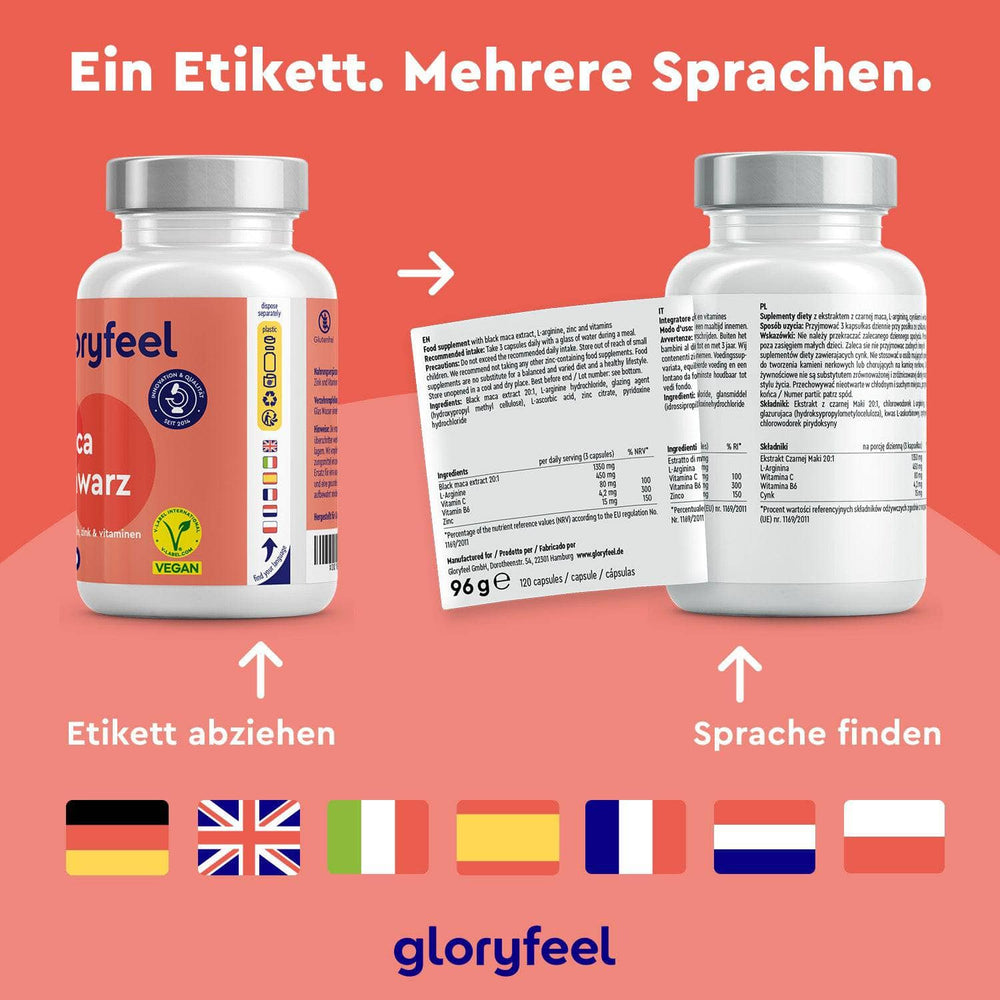 Die Schwarze Maca Kapseln der gloryfeel GmbH bestehen aus zwei Nahrungsergänzungsmittelflaschen mit mehrsprachigen Beschriftungen. Die obige Anleitung zeigt, wie man die Kapseln öffnet und die Beschriftung freilegt. Die Länderflaggen darunter sorgen für einen internationalen Touch.