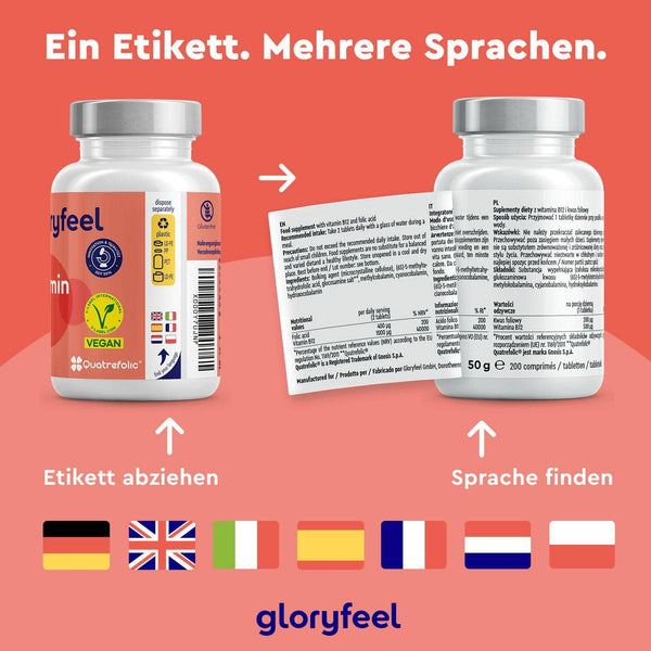 Zwei Vitamin B12 Tablettenflaschen der gloryfeel GmbH mit mehrsprachigen Etiketten: Eine verfügt über ein abziehbares Etikett, die andere zeigt Produktinformationen in verschiedenen Sprachen. Darunter sind mehrere Länderflaggen abgebildet.