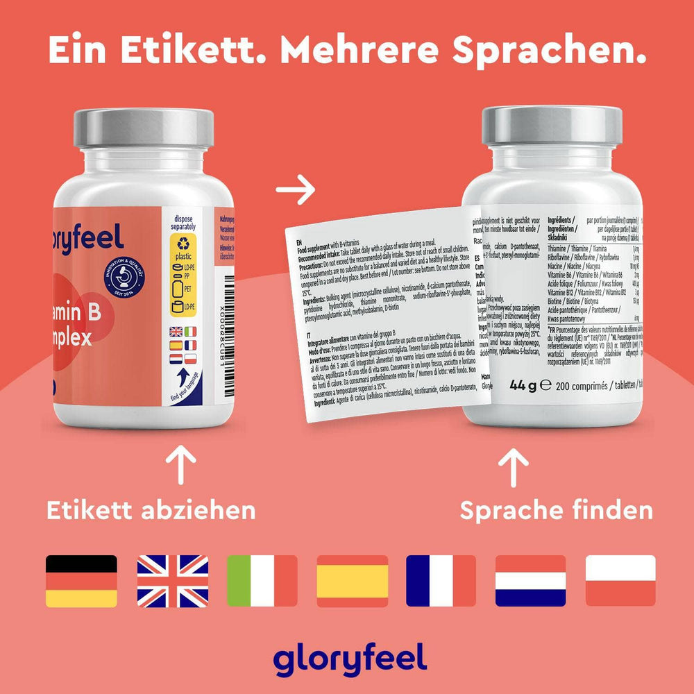 Die gloryfeel GmbH Vitamin B Komplex Flasche verfügt über ein abziehbares, mehrsprachiges Etikett - einfach abziehen und schon erhalten Sie eine übersichtliche Anleitung in verschiedenen Sprachen, die es Ihnen leicht macht, Ihren Stoffwechsel mit wichtigen B-Vitaminen zu unterstützen.