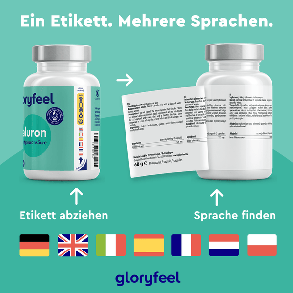 Zwei Flaschen Hyaluron Kapseln Intensiv der Gloryfeel GmbH mit mehrsprachigen Etiketten unter „Ein Etikett. Mehrere Sprachen.“ erscheinen, zusammen mit Flaggen verschiedener Länder.