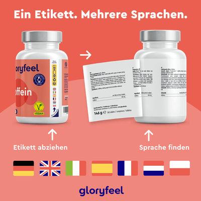 Zwei Flaschen Koffeintabletten der gloryfeel GmbH mit mehrsprachigen Etiketten in Deutsch, Englisch und Spanisch. Ein Etikett ist teilweise abgezogen; der Text lautet „Ein Etikett. Mehrere Sprachen“. Es sind Sprachflaggen zu sehen.