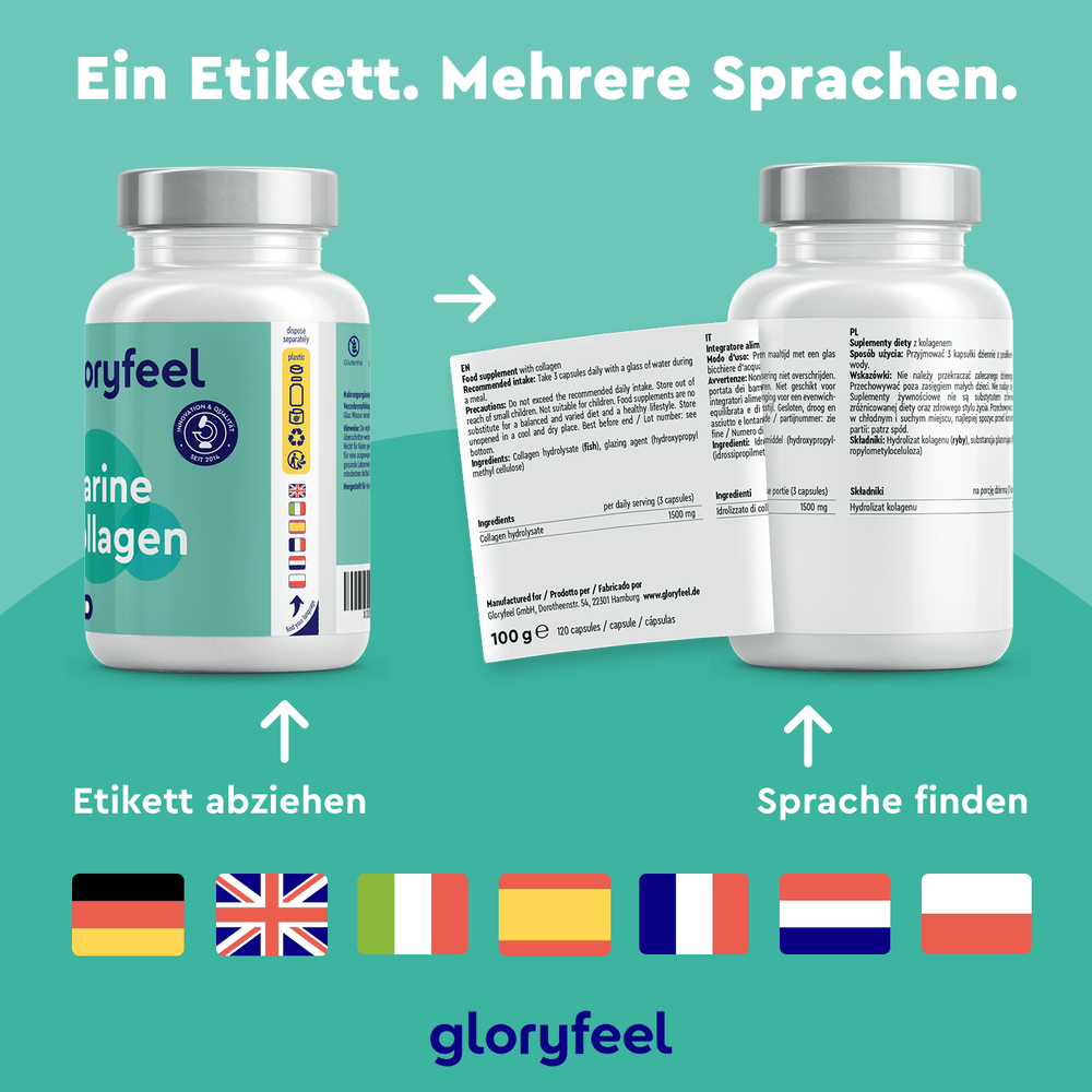 Die Flasche der Marine Kollagen Kapseln der gloryfeel GmbH verfügt über ein zweisprachiges, abnehmbares Etikett mit Flaggen für Deutsch, Englisch, Französisch, Italienisch, Spanisch, Niederländisch und Polnisch.