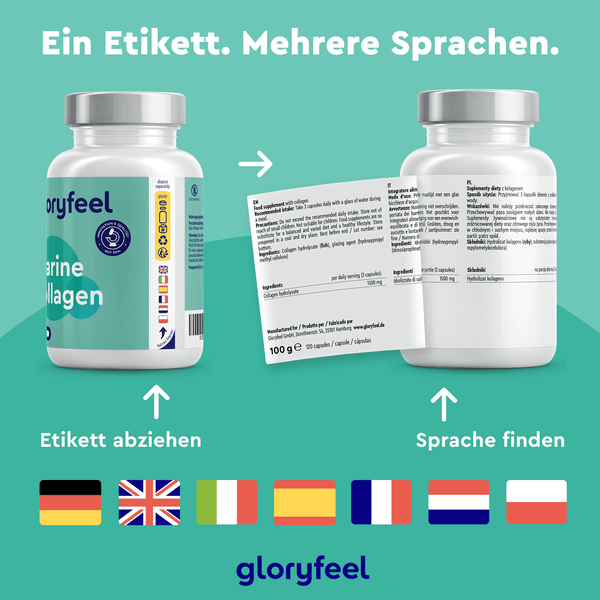 Die Flasche der Marine Kollagen Kapseln der gloryfeel GmbH verfügt über ein zweisprachiges, abnehmbares Etikett mit Flaggen für Deutsch, Englisch, Französisch, Italienisch, Spanisch, Niederländisch und Polnisch.