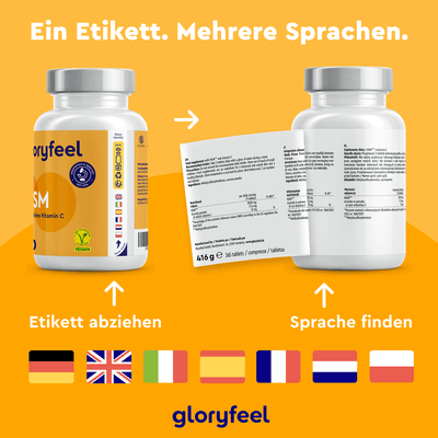 Abgebildet sind zwei Flaschen MSM + Vitamin C Tabletten der gloryfeel GmbH. Die linke zeigt das Frontdesign mit Vitamin C, die rechte ein abgezogenes Etikett mit mehrsprachigen Angaben. Verschiedene Flaggen zeigen die verfügbaren Sprachen für dieses Produkt mit organischer Schwefelverbindung an.