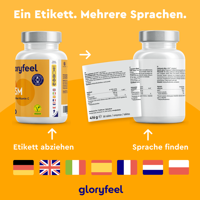 Abgebildet sind zwei Flaschen MSM + Vitamin C Tabletten der gloryfeel GmbH. Die linke zeigt das Frontdesign mit Vitamin C, die rechte ein abgezogenes Etikett mit mehrsprachigen Angaben. Verschiedene Flaggen zeigen die verfügbaren Sprachen für dieses Produkt mit organischer Schwefelverbindung an.