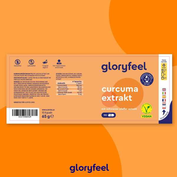 Die „Curcuma Extrakt Kapseln“ der gloryfeel GmbH kommen in einer Verpackung in Orange und verfügen über eine vegane Kennzeichnung, Nährwertangaben und 90 Kapseln pro Packung.