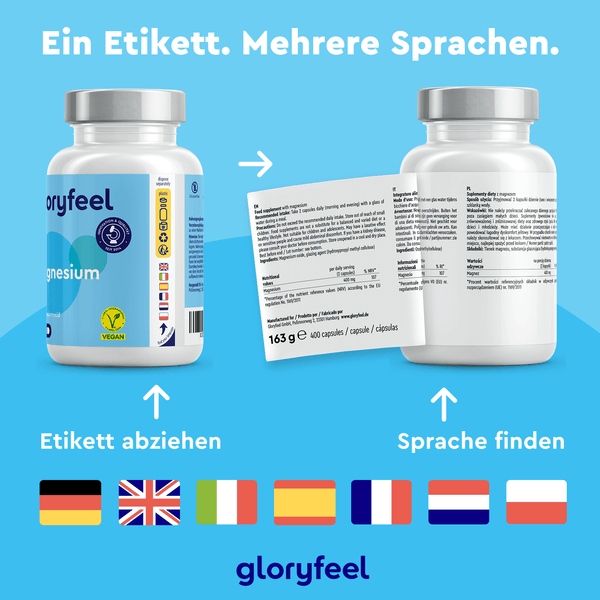 Die „Magnesiumoxid-Kapseln“ der gloryfeel GmbH verfügen über ein mehrsprachiges Etikett, das mit verschiedenen Flaggen verziert ist und beim Abziehen des Etiketts Hinweise zum Zugriff auf Informationen in verschiedenen Sprachen bietet.